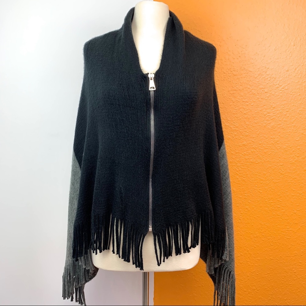 Color Block Fringe Zip Sweater Poncho